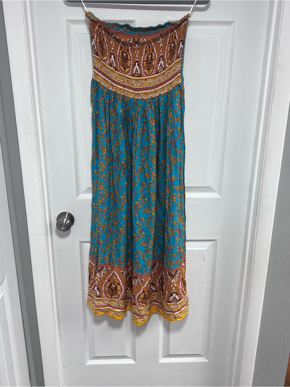 Bohemian Pattern Floral Strapless Maxi Dress in Teal and Brown Size S